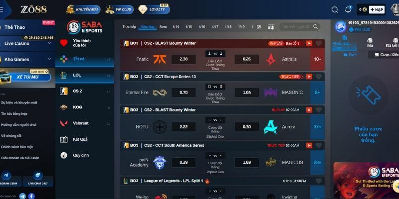 Các sảnh thể thao Zo88 uy tín mang đến tỷ lệ kèo cạnh tranh và ổn định