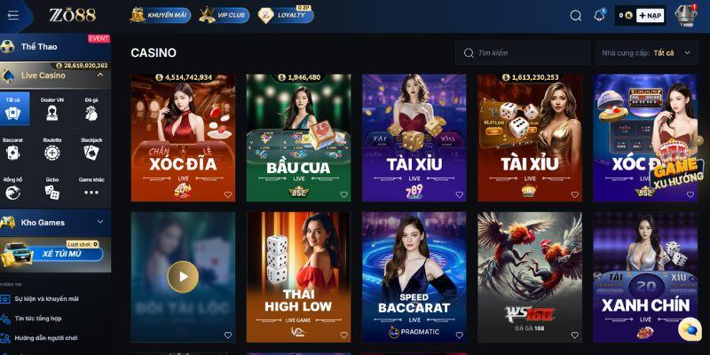 Kho game casino Zo88 đa dạng đáp ứng mọi phong cách cá cược trực tuyến