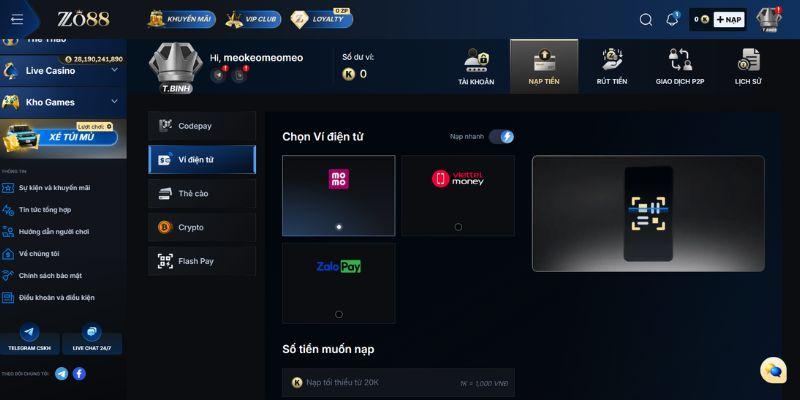 Nạp tiền Zo88 nhanh chóng qua ngân hàng ví điện tử và thẻ cào an toàn