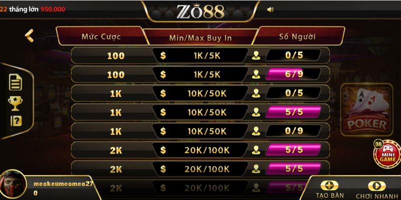 Toàn bộ các vòng cược Poker Texas Zo88 cần biết